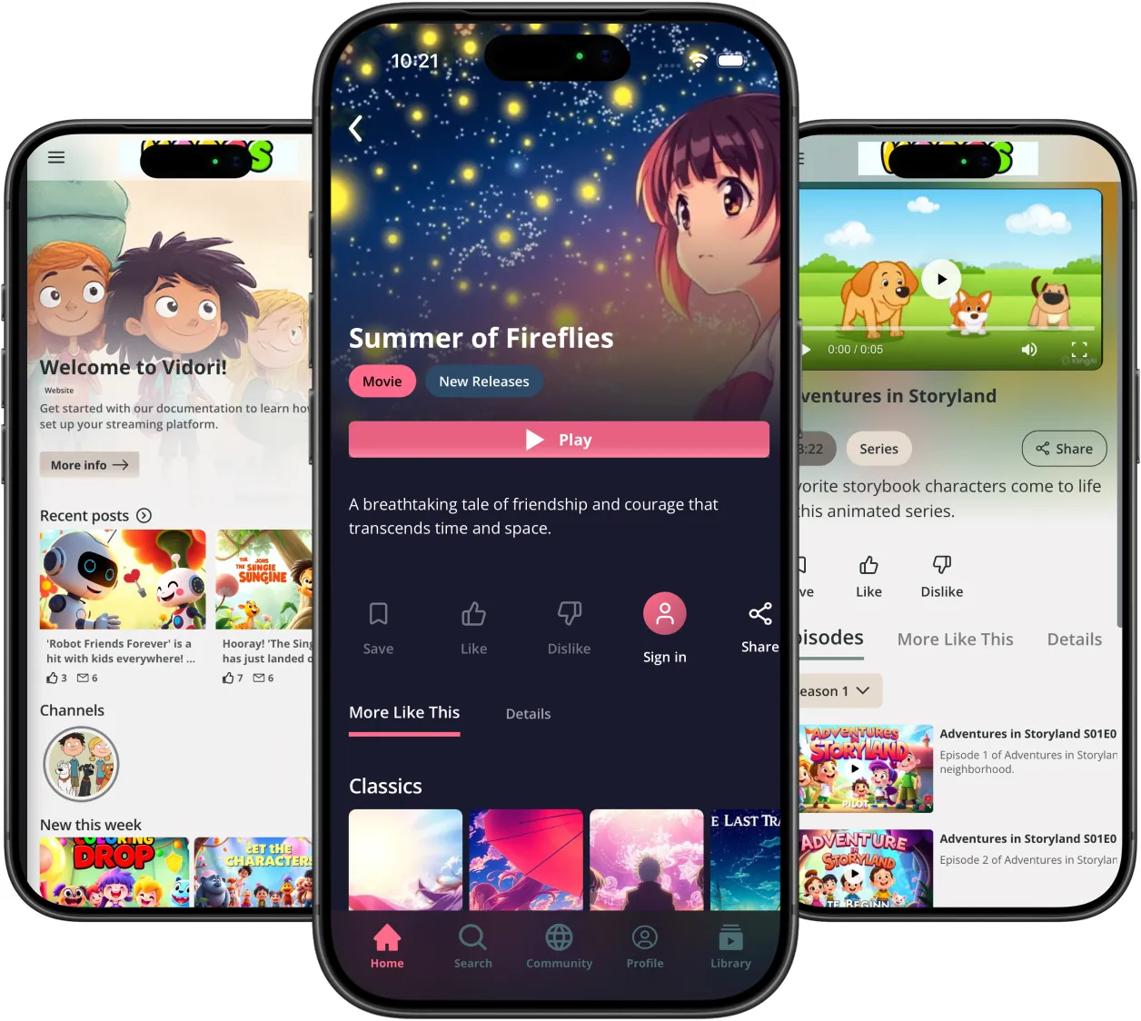 Vidori mobile app — browse, play, and library views